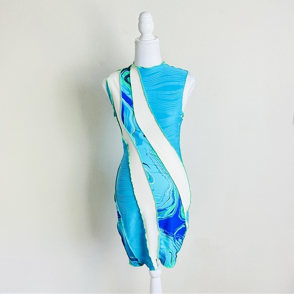 Asymmetrical Blue & Cream Marble Contrast Stitching Bodycon Mini Dress - Picture 1 of 4